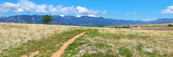 single track through green prairie leading to mountains and blue sky in the distance