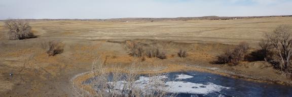 a frozen pond, prairie, and sky