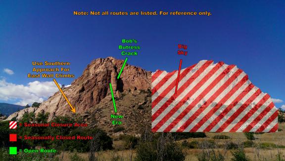 Photo of Gray Rock (AKA Kindergarten Rock) east face, taken from ground level.  Showing details of seasonal rock climbing closures to protect nesting wildlife.  Specific rock climbing route names are listed to aid closure location.  The rock climbing closure includes the north-east face of Gray Rock.