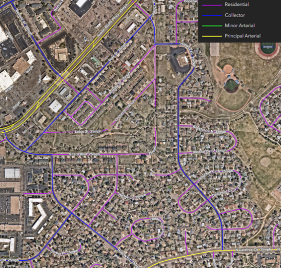 an image of the study area in Colorado Springs, the neighborhood surrounding Hopeful Dr between Austin Bluffs and N Carefree