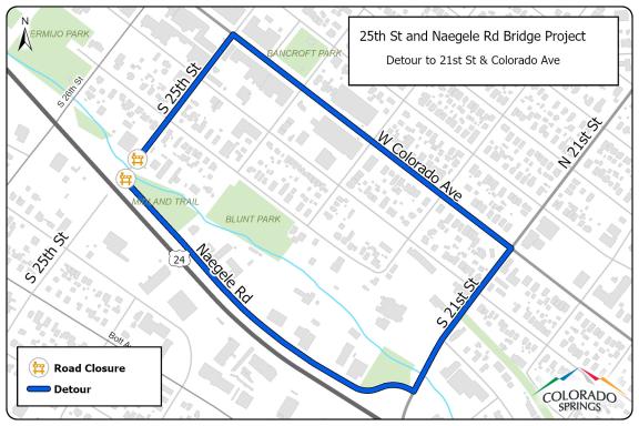 Map of the detour to 21st and Colorado Ave. for the 25th and Naegele Rd. Bridge project