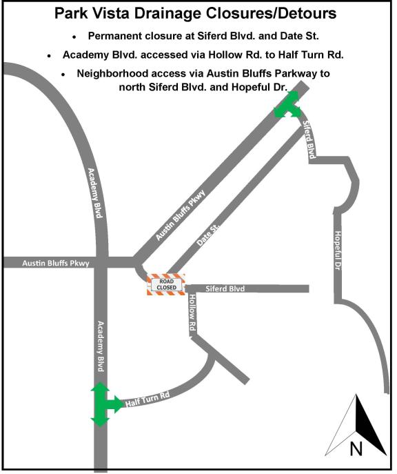 Park Vista Drainage Improvements project detour map. Indicates a permanent closure at Siferd Blvd. and Date St. Academy Blvd. can be accessed via Hollow Rd. to Half Turn Rd. Neighborhood access via Austin Bluffs Parkway to north Siferd Blvd. and Hopeful Dr.