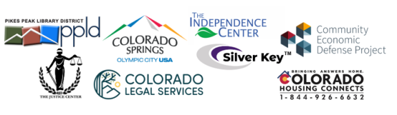 Logos for Pikes Peak Library District, City of Colorado Springs, The Justice Center, Colorado Legal Services, Silver Key, The Independence Center, Community Economic Defense Project, Colorado Housing Connects