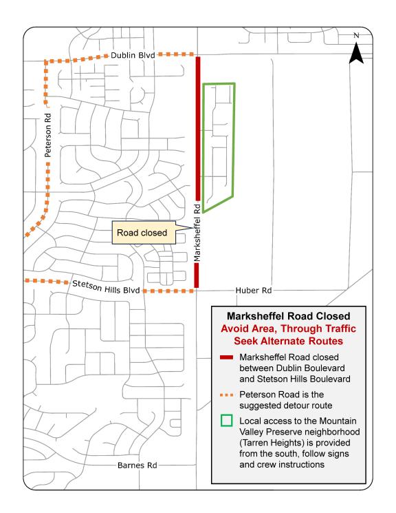 Map that details a detour around the Marksheffel Rd. Closure using Stetson Hills Blvd. and Peterson Rd.