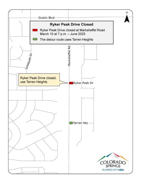 Detour map for the closure of Ryker Peak Dr. that details a route using Tarren Heights to get access to the neighborhood.