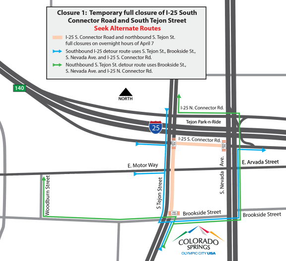 Map of temporary full closure of I-25 South Connector Road on April 7, detailing northbound and southbound detour routes around the project.