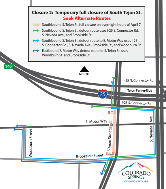 Map of temporary full closure of South Tejon Street on April 7, detailing northbound and southbound detour routes around the project.