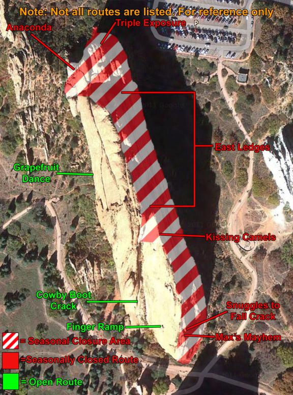 Photo of the top of North Gateway Rock taken from a satellite.  Showing details of seasonal rock climbing closures to protect nesting wildlife.  Specific rock-climbing route names are listed to aid closure location.  The rock-climbing closure includes the top, east, south, and north faces of North Gateway Rock.  The area known as the Tower of Babel is also closed. 