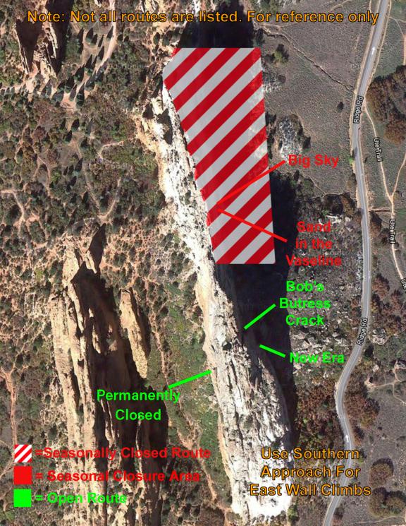Photo of the top of Gray Rock (AKA Kindergarten Rock) taken from a satellite.  Showing details of seasonal rock-climbing closures to protect nesting wildlife.  Specific rock-climbing route names are listed to aid closure location.  The rock-climbing closure includes the north-east face of Gray Rock.