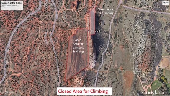 Photo of the top of Gray Rock (AKA Kindergarten Rock) taken from a satellite.  The top of Sleeping Giant is also shown.  Showing details of a permanent rock climbing and hiking closure area.  The image also shows the current seasonal rock-climbing closure for the north-east face of Gray Rock.