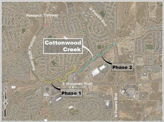Map of the Cottonwood Creek Phase 2 area highlighted in light blue.