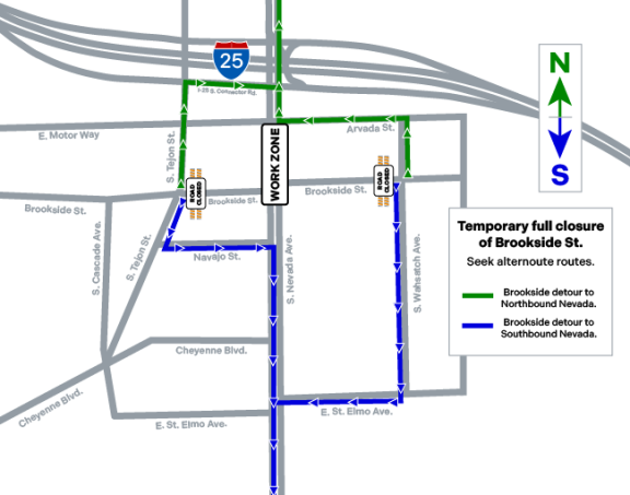 Detour routes for the temporary full closure of Brookside St. Northbound Nevada can turn east on E. St. Elmo Ave. and then north on S. Wahsatch Ave, or west on Navajo St. then north on S. Tejon St. Southbound Nevada can turn west on Navajo and then north on S. Tejon St. or turn east on E. St. Elmo Ave. then north on S. Wahsatch Ave.