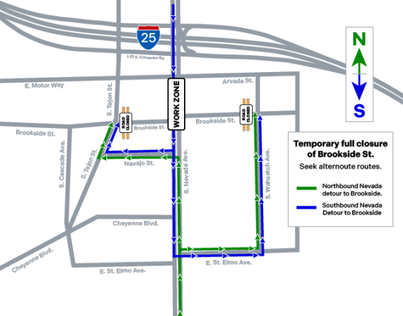 Detour routes from S. Nevada Ave. to Brookside, with both northbound and southbound options.