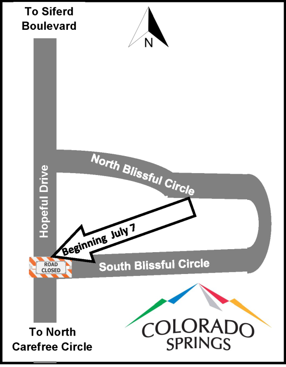 Map that indicates the closure beginning July 7 of the intersection of Hopeful Drive and South Blissful Circle