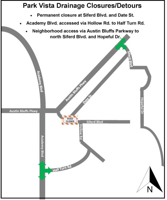 Map that details detours for the Park Vista Drainage project closure. Academy Blvd. is accessed via Hollow Rd. to Half Turn Rd. For neighborhood access, drivers can take Austin Bluffs Parkway to north Siferd Blvd. and Hopeful Dr.
