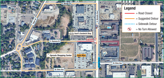 Map that details detour routes around the Ramona Avenue closure. See the text in this session for detour specifics.