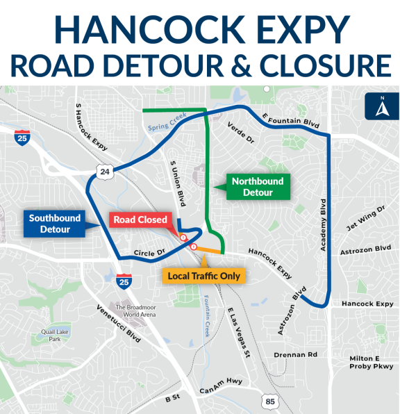 Detour and closure map of Hancock Expressway. See above text for detour and closure details.
