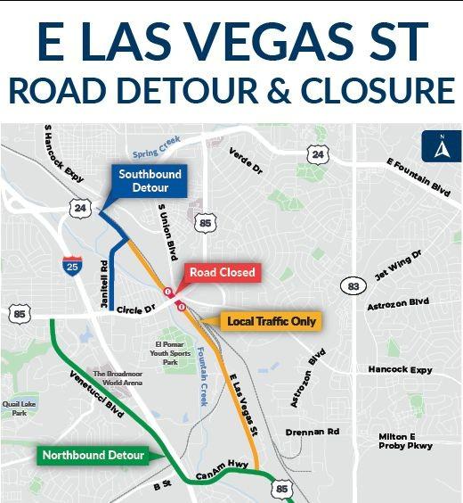 Detour and closure map of E. Las Vegas Street. See above text for detour and closure details.