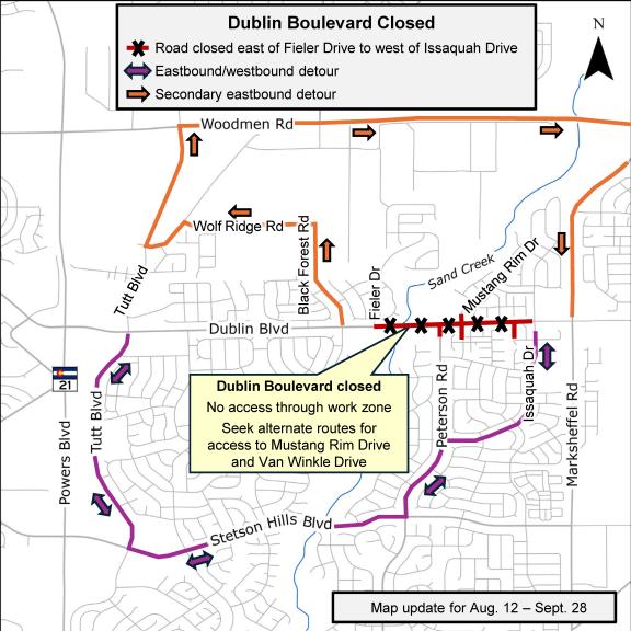 Dublin Boulevard closure detour map. See text above this tab to read more about the closure and detour routes.