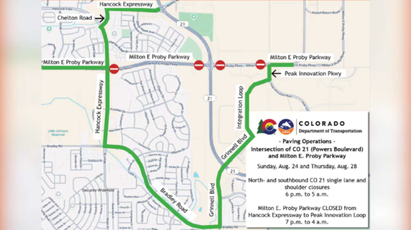 Detour route for the closure at Powers Blvd. and Milton E. Proby.