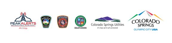 logos: peak alerts, police department, fire department, emergency management, Colorado Springs Utilities, City of Colorado Springs