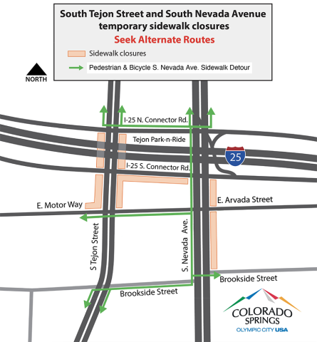 A map of S. Tejon St. and S. Nevada Ave. temporary sidewalk closures.