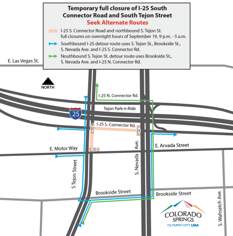 A map of the Tejon and Nevada exit of I-25, detailing alternate routes around the I-25 South Connector Road during overnight closures.