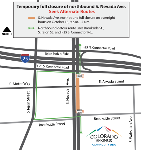 Map detailing alternate routes for the 10/18 overnight closure of S. Nevada Ave. Traveling north on S. Nevada, the detour turns west on Brookside St., north on S. Tejon St., east on I-25 Connector Road, and then north again on S. Nevada Ave.