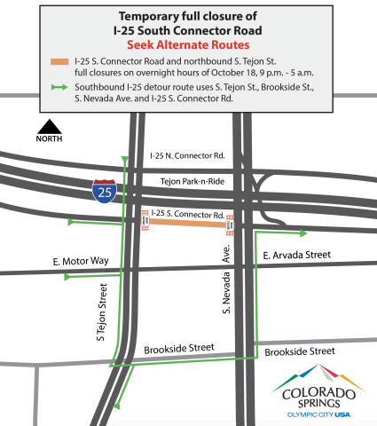 Map that details southbound detour route for 10/18 overnight closure of I-25 South Connector Road. The detour goes south on S. Tejon St., east on Brookside St., north on S. Nevada Ave. and then east onto I-25 S. Connector Rd.