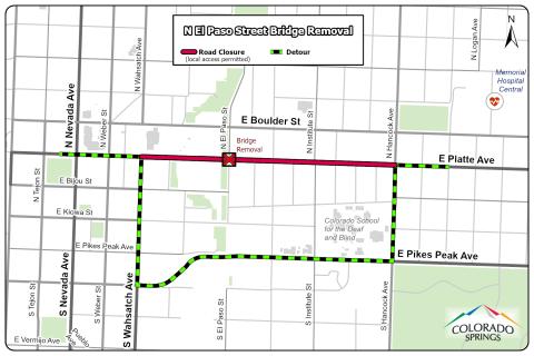 Map that details the N. El Paso St. Bridge removal project's detour routes, which run from S. Wahsatch Ave. to N. Hancock Ave.