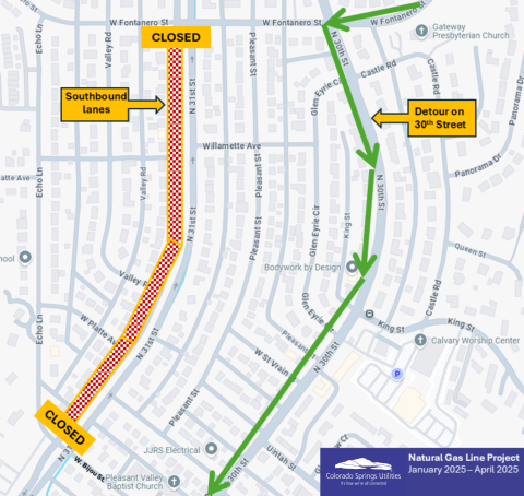 Map from Colorado Springs Utilities that details the affected area during the installation of a new natural gas main. The closed area runs down  N. 31st St. from W. Fontanero St. to W. Bijou St.