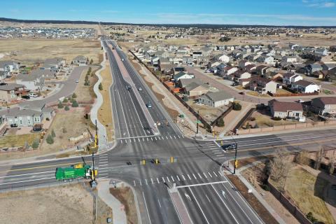 The intersection of Black Forest Road and Cowpoke Road looking northward from Foxtrot Lane. 