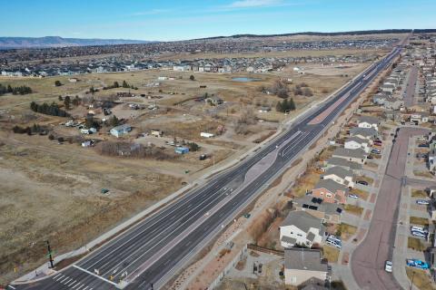 The newly built section of Black Forest Road, looking northwest from Foxtrot Lane. 