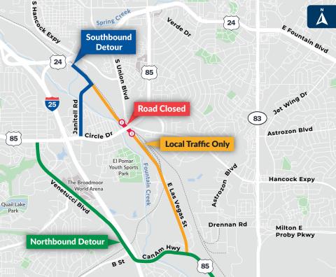 A map that details two detour routes on E. Las Vegas St. Northbound, the detour uses Venetucci Blvd. Southbound, the detour uses Janitell Rd.