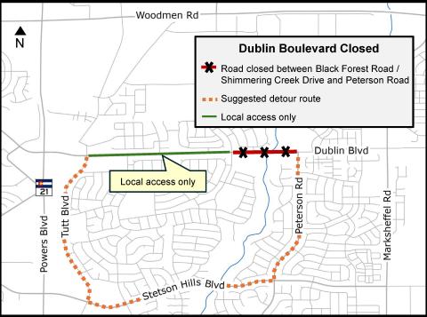 Detour map of the closure of Dublin Blvd. between Black Forest Road/Shimmering Creek Drive and Peterson Road. Dublin Blvd. is is open to local access only after Tutt Blvd. The detour route takes Tutt Blvd. south to Stetson Hills Blvd. east and then Peterson Road north.