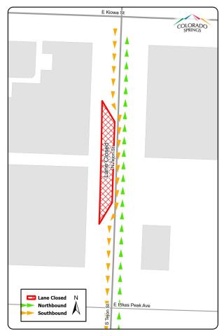 Detour map for the work on Tejon St. Southbound Tejon is closed between Kiowa and Pikes Peak avenue, and traffic detours to share the northbound lane.