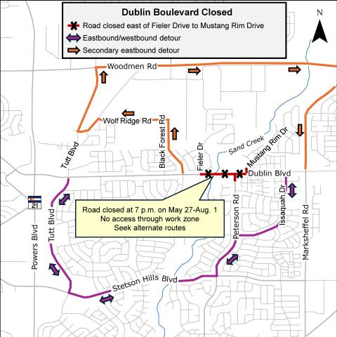 Detour map for the full closure of Dublin Blvd. between Fieler Drive and Mustang Rim Drive. Eastbound/westbound detour takes Tutt Blvd. south to Stetson Hills Blvd. east, north on Peterson Rd. and then east on Issaquah Drive. The secondary eastbound detour takes Black Forest Rd. north, Wolf Ridge Rd. east, Tutt Blvd. north, Woodmen Rd. east, and then Marksheffel Rd. South.