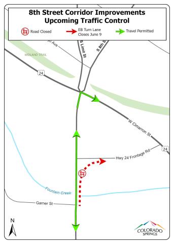 Map of the 8th Street Corridor detour routes. The eastbound turn lane to the Highway 24 frontage road will be closed starting June 9. The detour route continues north to W. Cimarron St., where drivers turn right.