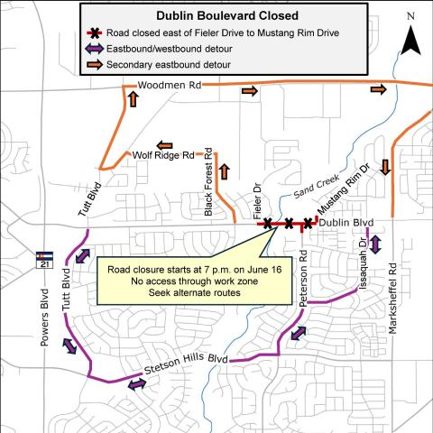 Detour map for the full closure of Dublin Blvd.