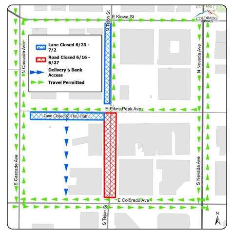 A detour map of the closures related to the Tejon Street Revitilization Project. Eastbound Pikes Peak Ave. between Cascade Ave. and Tejon St., as well as southbound Tejon St. between Kiowa St. and Pikes Peak Ave. will be closed 6/23-7/2. All of Tejon St. between Pikes Peak Ave. and Colorado Ave. will be closed between 6/16-6/27.
