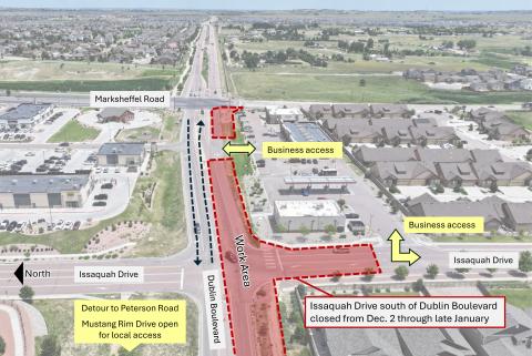Map of the Dublin Boulevard Improvements project work zones and business access.