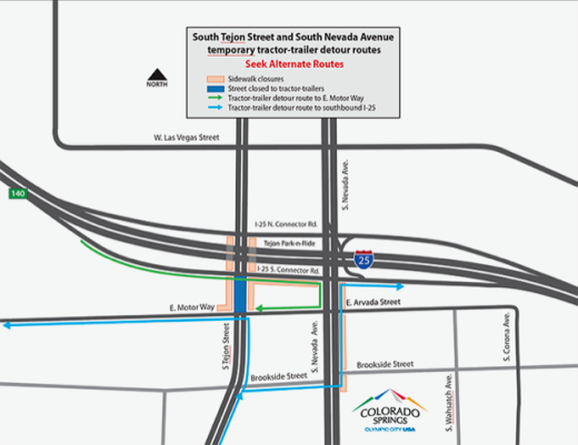 A detour map of the I-25 exit at Tejon Street and S. Nevada Ave. detailing temporary alternate routes for tractor-trailers.