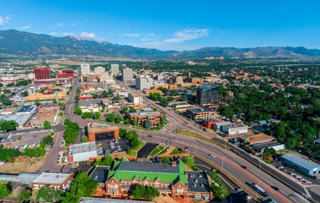 aerial view of Colorado Springs and Pikes Peak