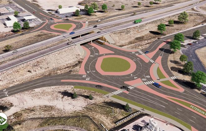 two roundabouts on either side of an underpass. They connected by a two lane road that goes under the underpass