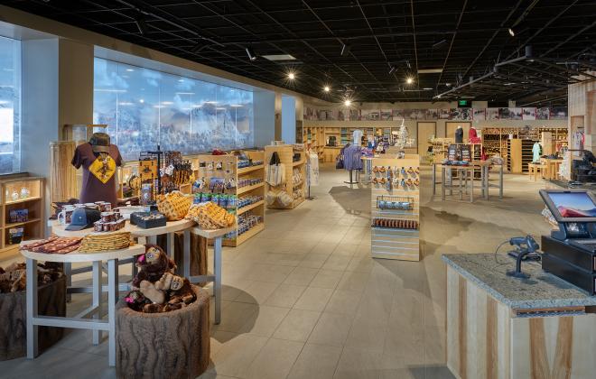 merchandise stands inside the Summit Visitor Center gift shop