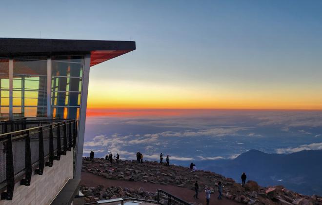 A view of the Pikes Peak Visitor Center overlooking Colorado Springs during the early morning.