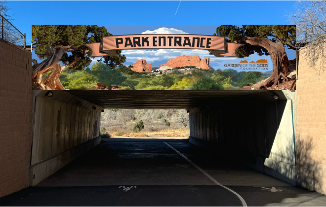 The Visitor and Nature Center side of the proposed bridge, mocked up with the proposed artwork