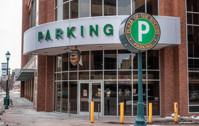 Exterior of the Plaza of the Rockies parking garage