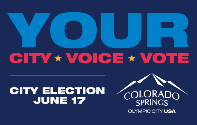 Graphic that reads "Your: City. Voice. Vote. City Election June 17" with the Olympic City USA logo