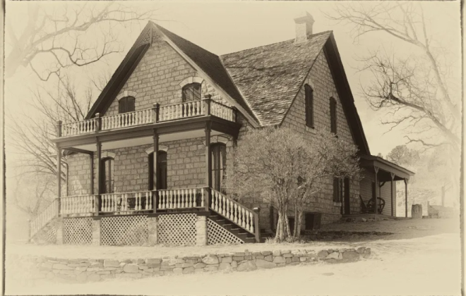 An older photo or illustration of Rock Ledge Ranch House